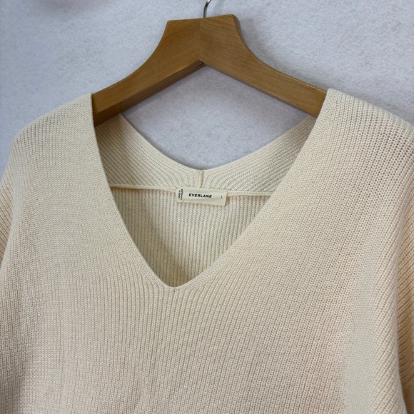 Everlane The Slouchy V-Neck in Everyday Cotton Bone Cream Ribbed Sweater Large - Picture 4 of 7